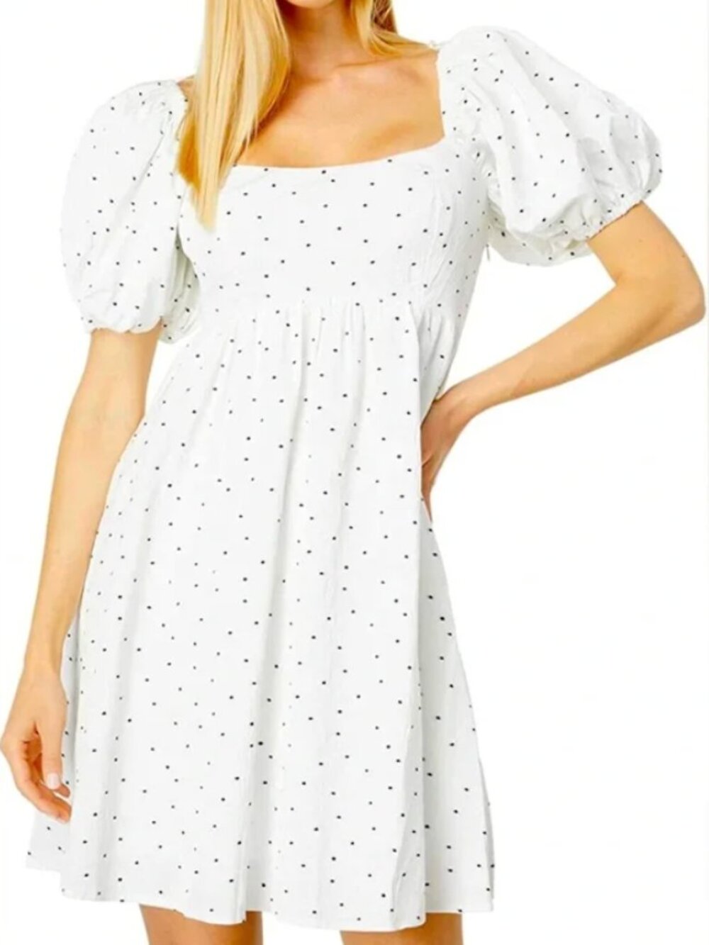 Moon River | White Polka Dot Mini Dress Balloon Sleeve Empire Waist | Size Small